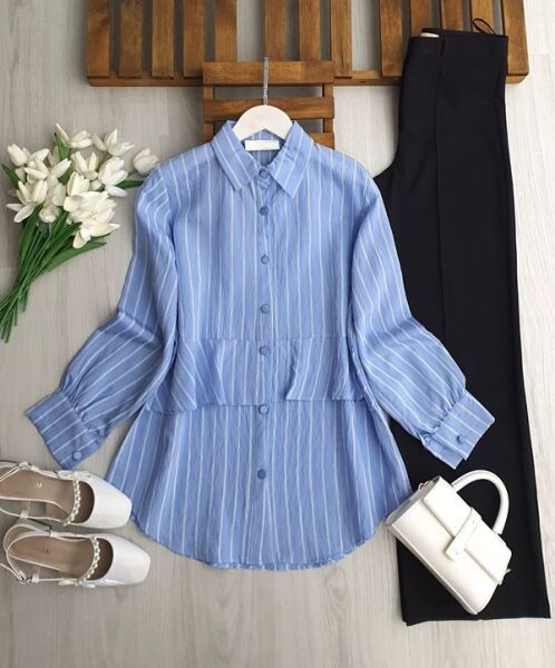 UZLE ALT FIRFIRLI BEYAZ ÇİZGİLİ GÖMLEK TUNİK 5692-10-MAVİ - 1