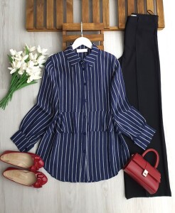 UZLE ALT FIRFIRLI BEYAZ ÇİZGİLİ GÖMLEK TUNİK 5692-12-LACİVERT - 1