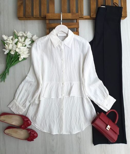 UZLE ALT FIRFIRLI BEYAZ ÇİZGİLİ GÖMLEK TUNİK 5692-20-BEYAZ - 1