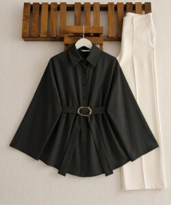 VAKDE SABİT TOKALI KEMERLİ GÖMLEK TUNİK 5723-01-SİYAH - 1