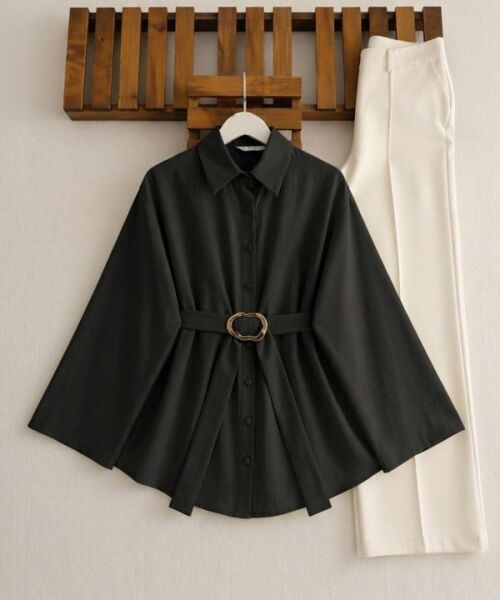 VAKDE SABİT TOKALI KEMERLİ GÖMLEK TUNİK 5723-01-SİYAH - 1