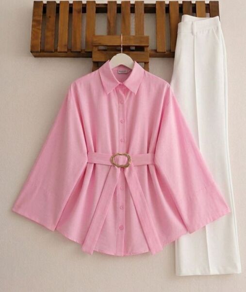 VAKDE SABİT TOKALI KEMERLİ GÖMLEK TUNİK 5723-05-PUDRA - 1