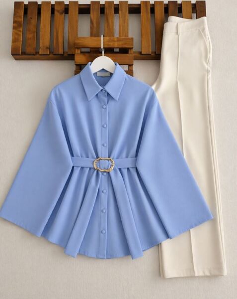 VAKDE SABİT TOKALI KEMERLİ GÖMLEK TUNİK 5723-10-MAVİ - 1