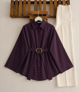 VAKDE SABİT TOKALI KEMERLİ GÖMLEK TUNİK 5723-18-MÜRDÜM - 1