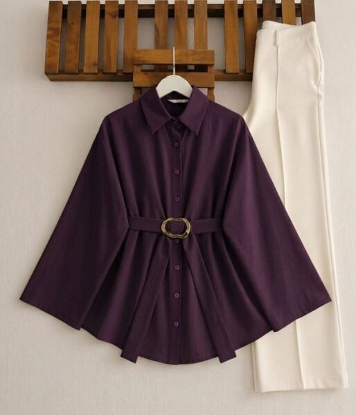 VAKDE SABİT TOKALI KEMERLİ GÖMLEK TUNİK 5723-18-MÜRDÜM - 1