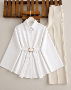 VAKDE SABİT TOKALI KEMERLİ GÖMLEK TUNİK 5723-20-BEYAZ - 1