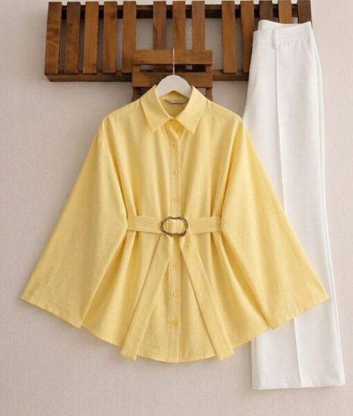 VAKDE SABİT TOKALI KEMERLİ GÖMLEK TUNİK 5723-23-SARI - 1