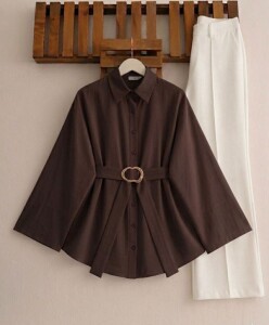 VAKDE SABİT TOKALI KEMERLİ GÖMLEK TUNİK 5723-37-KAHVE - 1