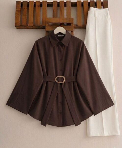 VAKDE SABİT TOKALI KEMERLİ GÖMLEK TUNİK 5723-37-KAHVE - 1