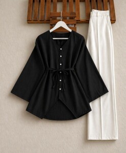 VALH BRİT DÜĞME GENİŞ KOL AÇIK YAKA GÖMLEK TUNİK B4-3-5678-01-SİYAH - 