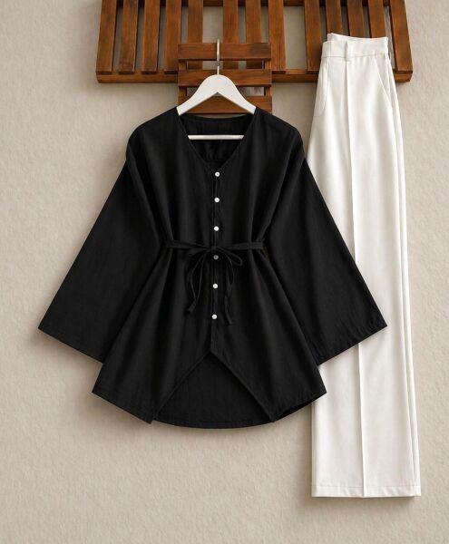 VALH BRİT DÜĞME GENİŞ KOL AÇIK YAKA GÖMLEK TUNİK B4-3-5678-01-SİYAH - 1