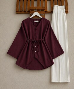 VALH BRİT DÜĞME GENİŞ KOL AÇIK YAKA GÖMLEK TUNİK B4-3-5678-04-BORDO - 