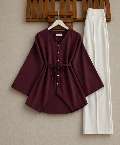 VALH BRİT DÜĞME GENİŞ KOL AÇIK YAKA GÖMLEK TUNİK B4-3-5678-04-BORDO - 1