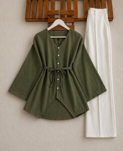 VALH BRİT DÜĞME GENİŞ KOL AÇIK YAKA GÖMLEK TUNİK B4-3-5678-09-HAKİ - 