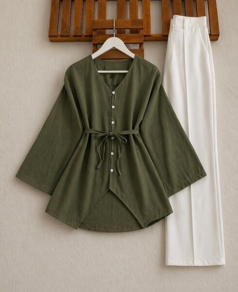 VALH BRİT DÜĞME GENİŞ KOL AÇIK YAKA GÖMLEK TUNİK B4-3-5678-09-HAKİ - 1