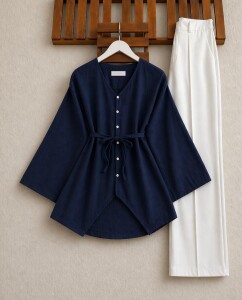 VALH BRİT DÜĞME GENİŞ KOL AÇIK YAKA GÖMLEK TUNİK B4-3-5678-12-LACİVERT - 