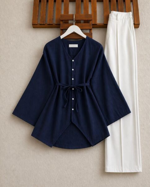 VALH BRİT DÜĞME GENİŞ KOL AÇIK YAKA GÖMLEK TUNİK B4-3-5678-12-LACİVERT - 1