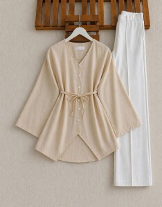 VALH BRİT DÜĞME GENİŞ KOL AÇIK YAKA GÖMLEK TUNİK B4-3-5678-34-BEJ - 