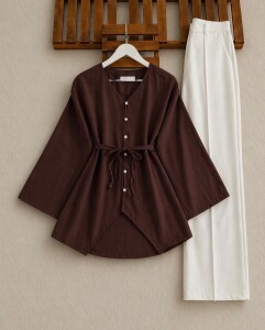 VALH BRİT DÜĞME GENİŞ KOL AÇIK YAKA GÖMLEK TUNİK B4-3-5678-37-KAHVE - 