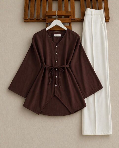 VALH BRİT DÜĞME GENİŞ KOL AÇIK YAKA GÖMLEK TUNİK B4-3-5678-37-KAHVE - 1