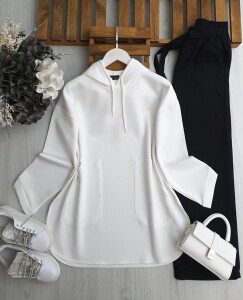 VALS KAPŞONLU CEPLİ RAHAT KALIP TUNİK B3-4-5626-20-BEYAZ - 