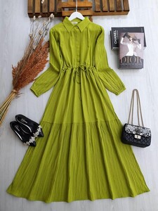 VAPA BELİ BAĞCIKLI YARIM DÜĞMELİ ELBİSE B11-1-2242-70-YAĞ YEŞİLİ - 
