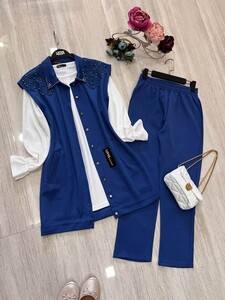 VECVE DANTELLİ YAKA TAŞLI ÜÇLÜ TAKIM C5-1491-14-SAKS - 
