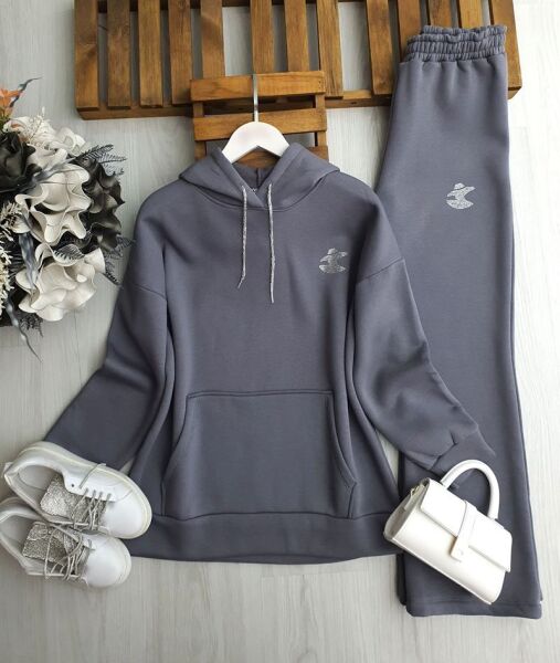 VEDKA TAŞ İŞLEMELİ KANGURU CEPLİ ÜÇ İPLİK TAKIM 1678-58-FÜME - 1