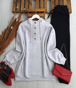 VEGY YARIM DÜĞMELİ KANGURU CEP SWEAT B4-4-5385-26-GRİ - 