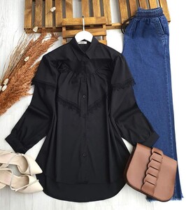 VELV ÖN VE ARKA GÜPÜRLÜ PELERİN BALON KOL GÖMLEK 5434-01-SİYAH - 