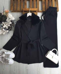 VEMA YAKASI KÜRKLÜ KEMERLİ CAKET KAP A3-3-3213-01-SİYAH - 