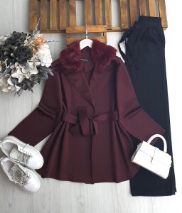 VEMA YAKASI KÜRKLÜ KEMERLİ CAKET KAP A3-3-3213-04-BORDO - 