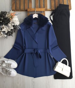 VEMA YAKASI KÜRKLÜ KEMERLİ CAKET KAP A3-3-3213-11-İNDİGO - 