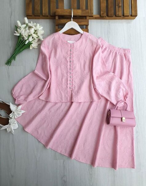 VEQA BRİT DÜĞMELİ KABARTMA DESEN ETEKLİ TAKIM 1758-05-PUDRA - 1