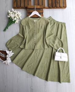 VEQA BRİT DÜĞMELİ KABARTMA DESEN ETEKLİ TAKIM 1758-07-YEŞİL - 1