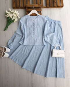 VEQA BRİT DÜĞMELİ KABARTMA DESEN ETEKLİ TAKIM 1758-10-MAVİ - 