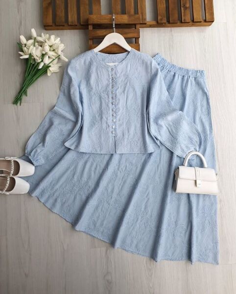 VEQA BRİT DÜĞMELİ KABARTMA DESEN ETEKLİ TAKIM B3-1-1758-10-MAVİ - 1