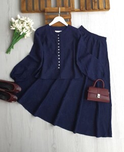 VEQA BRİT DÜĞMELİ KABARTMA DESEN ETEKLİ TAKIM 1758-12-LACİVERT - 