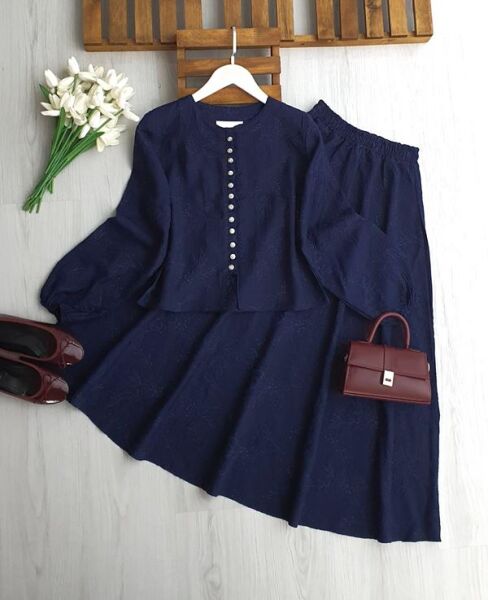 VEQA BRİT DÜĞMELİ KABARTMA DESEN ETEKLİ TAKIM 1758-12-LACİVERT - 1