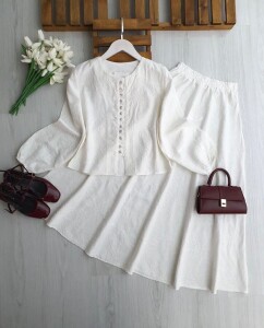 VEQA BRİT DÜĞMELİ KABARTMA DESEN ETEKLİ TAKIM 1758-20-BEYAZ - 1