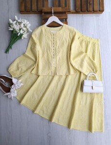 VEQA BRİT DÜĞMELİ KABARTMA DESEN ETEKLİ TAKIM 1758-23-SARI - 1