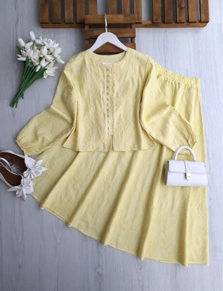 VEQA BRİT DÜĞMELİ KABARTMA DESEN ETEKLİ TAKIM 1758-23-SARI - 1