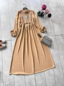 VERES ÖN DANTEL KETEN ELBİSE B11-1-2240-48-BİSKÜVİ - 