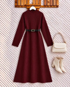 VESDU ÇİZGİLİ SALAŞ TRİKO ELBİSE 60032-04-BORDO - 