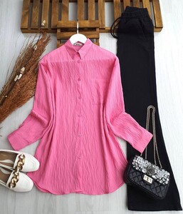 VESİ TEK CEP KENDİNDEN DESENLİ GÖMLEK TUNİK C9-5428-47-PEMBE - 
