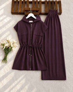 VEWSA ÇİFT CEPLİ FERMUARLI YELEK BOL PANTOLON TAKIM B1-7-10003-04-BORDO 