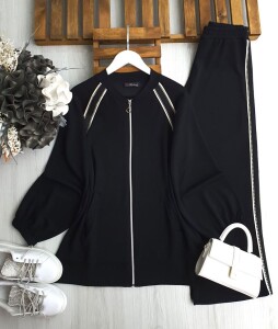 VİNE ŞERİTLİ CEPLİ ÖNÜ FERMUARLI İKİLİ TAKIM A5-1-1671-01-SİYAH - 