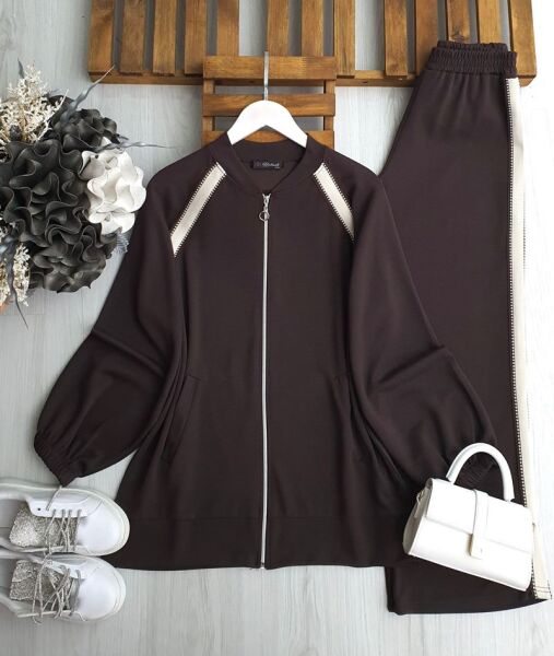 VİNE ŞERİTLİ CEPLİ ÖNÜ FERMUARLI İKİLİ TAKIM A5-1-1671-37-KAHVE - 1