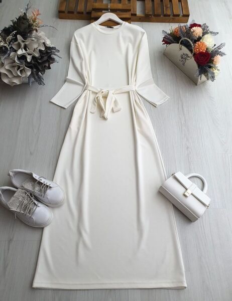 VODE CEPLİ KEMERLİ GİY ÇIK ELBİSE B11-2-2410-20-BEYAZ - 1