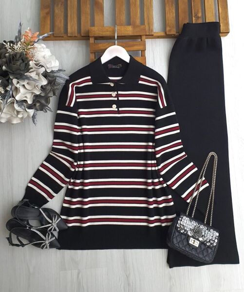 VOMGE İNCE ÇİZGİLİ YAKALI TRİKO TAKIM B1-5-8174-01-SİYAH - 1